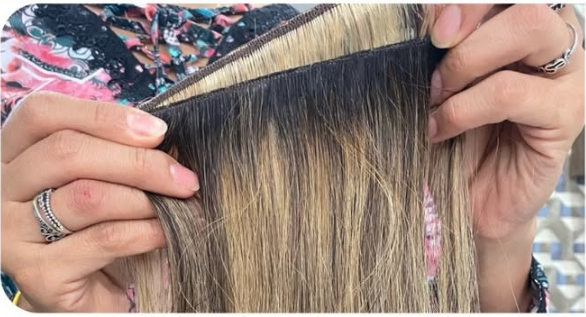 Mãos segurando mecha de mega hair com fita adesiva