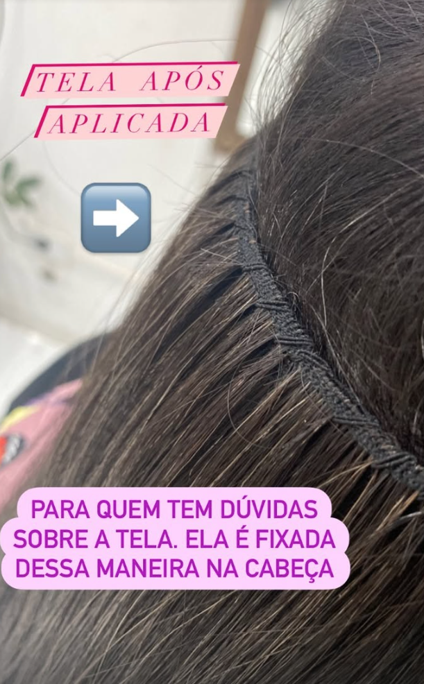 Tela de mega hair já aplicada e fixada no cabelo